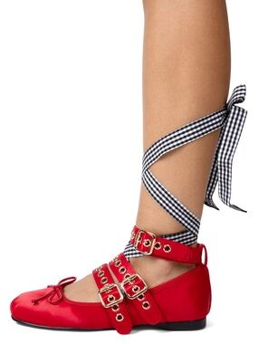 Jeffrey Campbell BALLOTTE - Red Satin Black White Gingham / 6.5 Ballet Flats
